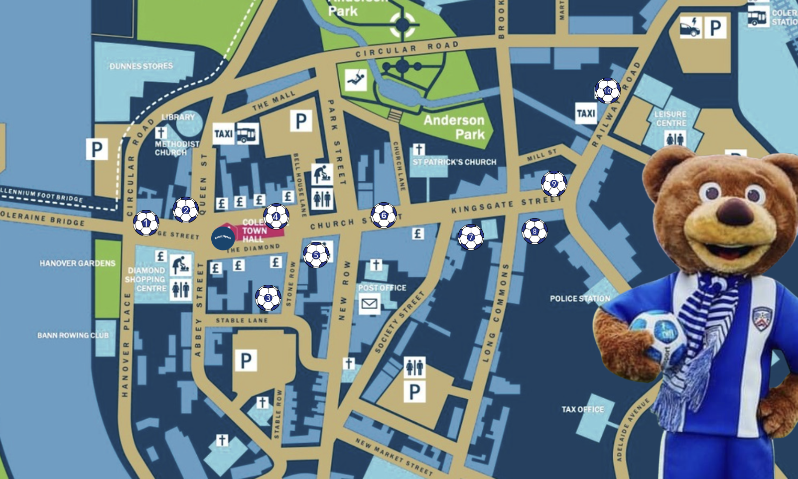 Trail map of Coleraine town centre showing the ten shop stops